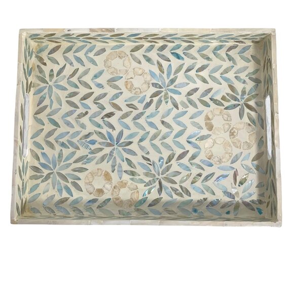 Handcrafted Mother of Pearl Palawan Floral Mosaic Serving Tray Rectangular - Picture 1 of 10